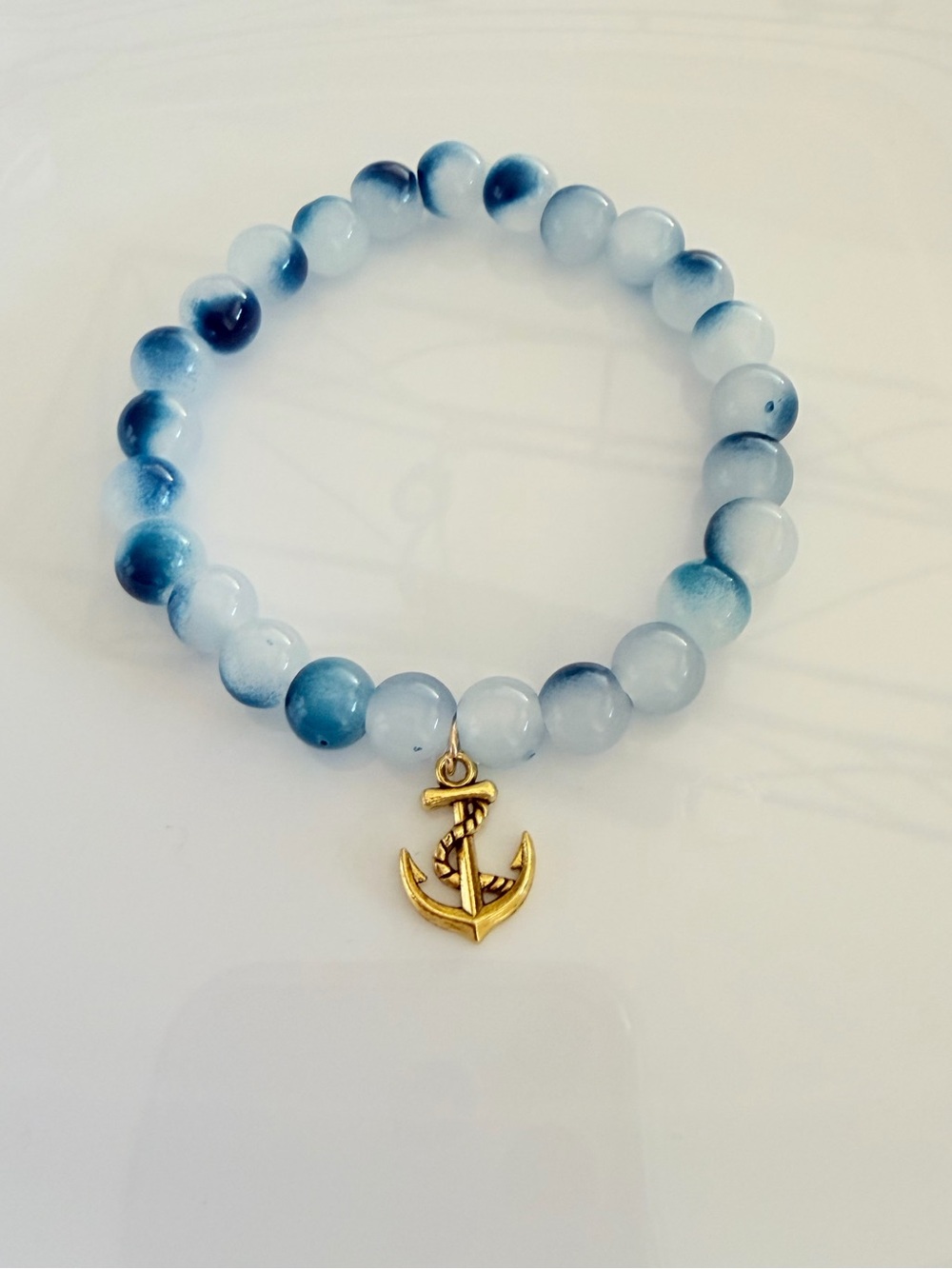 Gold Anchor Blue Ombre Beaded Stretch Bracelet